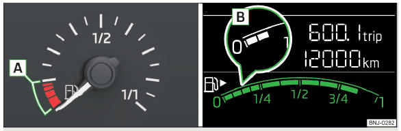 Fig. 20 Indicador de reserva do combustível: no painel de instrumentos / no visor do painel de instrumentos