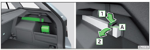 Fig. 177 Localiza&ccedil;&atilde;o da caixa de primeiros socorros e tri&acirc;ngulo de sinaliza&ccedil;&atilde;o - Variante 2 / soltar o tri&acirc;ngulo de sinaliza&ccedil;&atilde;o