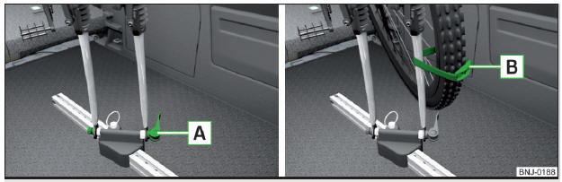 Fig. 108 Colocar o garfo dianteiro da bicicleta no suporte / Exemplo de fixação da roda dianteira