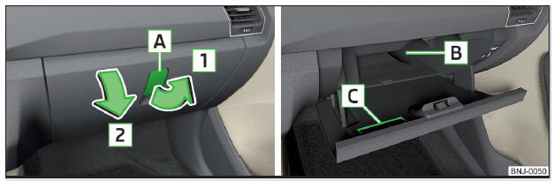 Fig. 77 Abrir compartimento de arrumação / interior do compartimento de arrumação