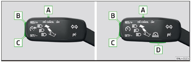 Fig. 139 Elementos de comando do limitador de velocidade: Veículo com limitador de velocidade / veículo com GRA e limitador de velocidade