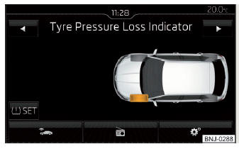Fig. 148 Botão para memorizar os valores de pressão / exemplo de indicação no visor: o sistema indica uma alteração da pressão dos pneu dianteiro à esquerda