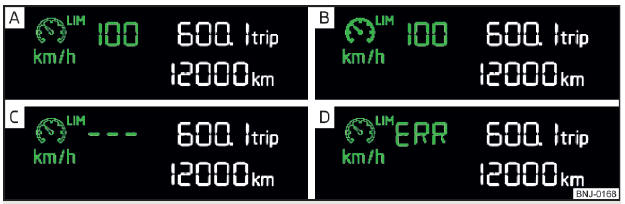 Fig. 138 Visor de segmento: Exemplos de indicadores de estado do limitador de velocidade
