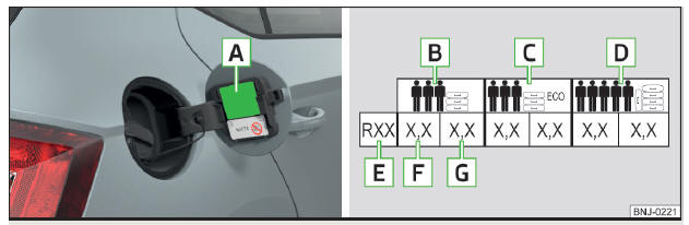 Fig. 174 Autocolante com uma tabela dos valores da pressão de ar dos pneus / encher os pneus