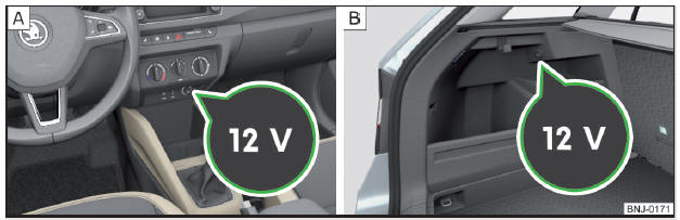 Fig. 73 Cobertura da tomada de 12 volts: na parte central do painel / na bagageira